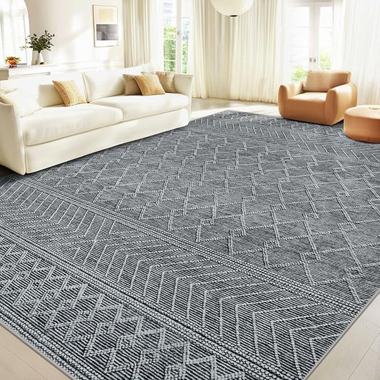 9x12 Area Rug Living Room: Washable Boho Geometric Moroccan Rug Neutral Modern Farmhouse Indoor Soft Non Slip Ultra Thin Large Printed Pattern Carpet for Bedroom Home Office (Black, 9'x12')