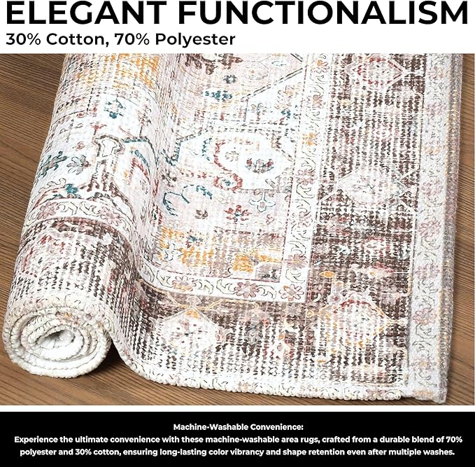 Feet Washable Soft Small Boho Area Rugs, Rags Rug, Printed Carpet Chennile Rugs for Living Room 27x45 inch Cream Brown Multi,Machine Washable Printed Rugs - 30% Cotton, 70% Polyester