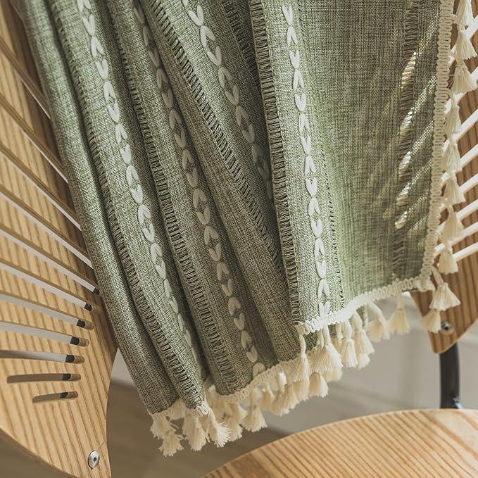 Sutuo Home Boho Curtain for Bedroom Living Room 96 Inches Long, Light Filtering French Country Farmhouse Vintage Chic Tassels Hollow Window Treatment Bohemian Drape, 1 Panel 52" W x 96" L, Green