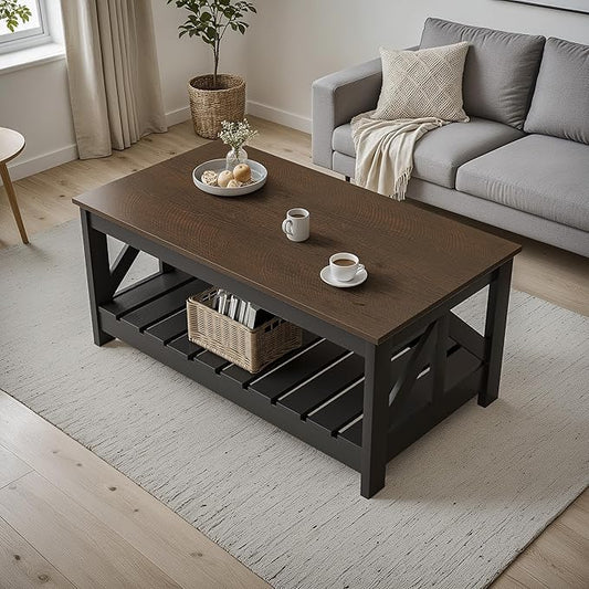 YESHOMY 39" Farmhouse Coffee Table, Coffee Tables for Living Room, Farmhouse Square Coffee Table with Storage, Couch Table, Small Tables for Small Spaces, Brown and Black