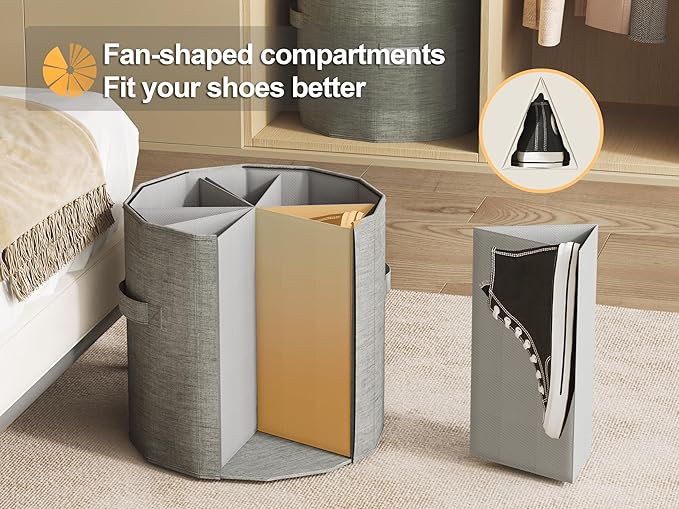 Vailando Shoe Organizer for Closet - Cylindrical Shoe Storage Organizer with Adjustable Dividers for Closet, Foldable, Gray, 2-Pack