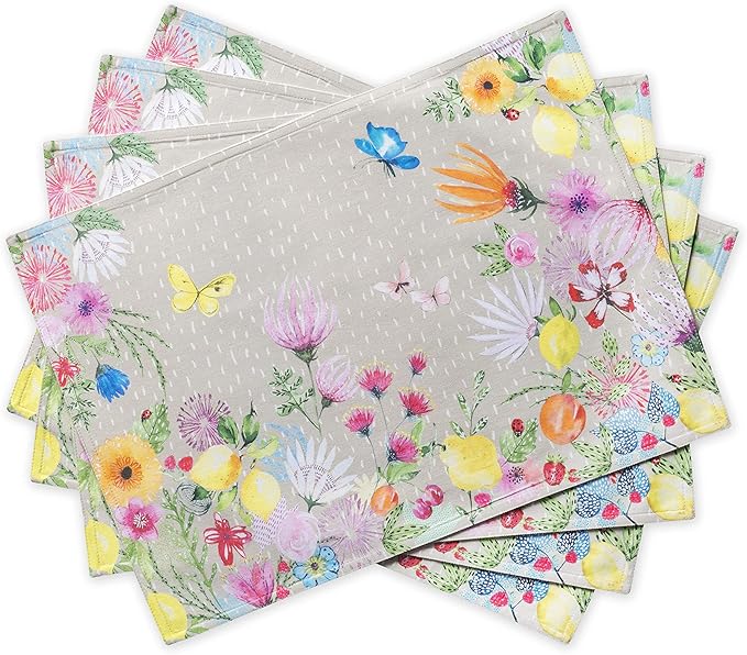 Maison d' Hermine Placemats Set of 4 100% Cotton Washable Cloth Place Mats, Reusable Table Mats for Kitchen Dining Decoration, Party, Wedding, Restaurant Spring/Summer (Jardin D'Ete - Fog, 13" x 19")
