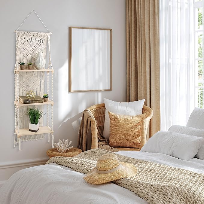 Hanging Plant Shelf Indoor Boho Decor - 3 Tier Macrame Shelf Wall Hanging Decor - Rope Boho Wall Art Wooden Floating Bookshelf for Kitchen, Bathroom or Bedroom