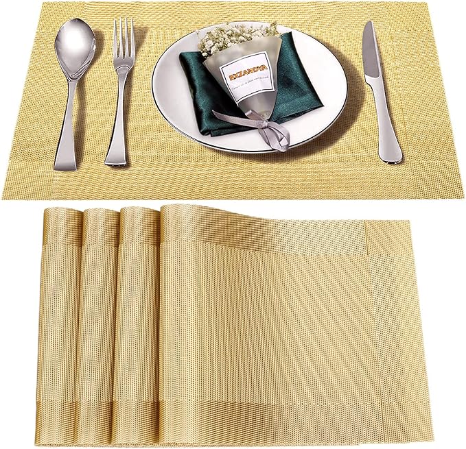 Placemats Set of 4,Washable,Heat and Stain Resistant Indoor/Outdoor Place mats, Vinyl Woven Non Slip Table Mats for Restaurant Table Protection, PVC Table Placemats.(Gold, 4PCS)