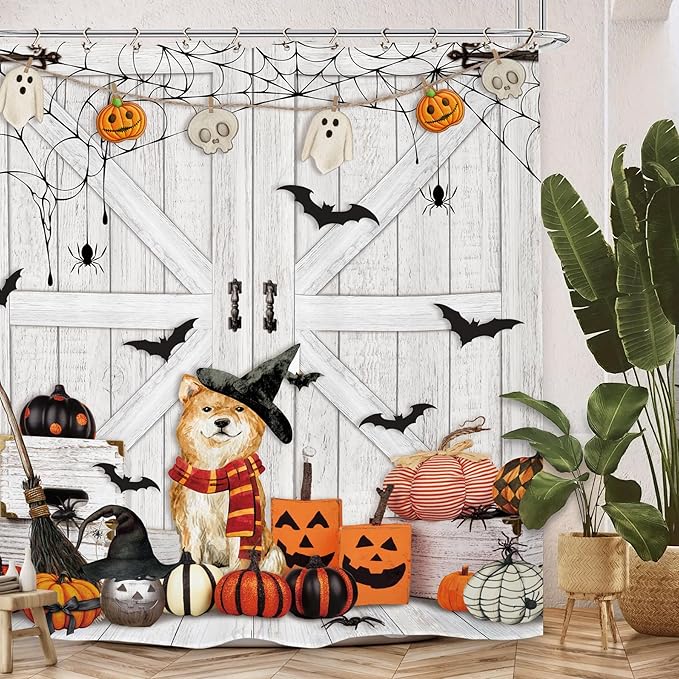 Halloween Dog Pumpkin Shower Curtain 60Wx72L Inch Barn Door Horror Scary Spooky Wood Farmhouse Rustic Bat Bathroom Set Accessories Decor with 12 Pack Hooks