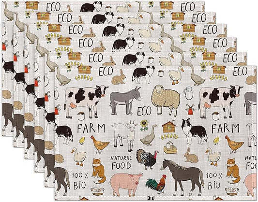 Farm Animals Cow Pig Placemats Set of 6 Place Mats for Kitchen Table Washable Farmhouse Linen Table Mats Dining Decoration 12x18 Inch