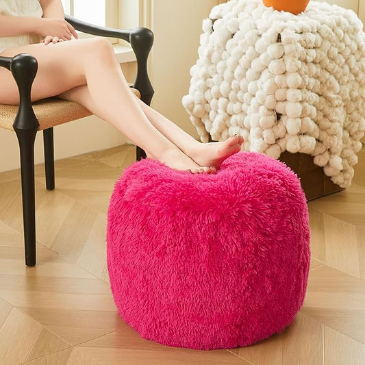 XeGe Fluffy Faux Fur Inflatable Pouf Ottoman, Soft Fuzzy Foot Stool Anti-Slip, Plush Foldable Foot Rest Floor Pouf for Kids Girls Adult, Cute Round Ottoman Cushion Living Room Bedroom, Hot Pink