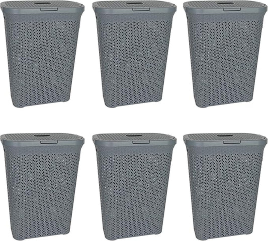 YBM Home Plastic Rattan Laundry Hamper Basket with Hinged Lid, Ventilation Holes, Durable, Lightweight Bin With Cutout Handles, Storage Dirty Clothes, Space Saver, 10.5" x 17.5" x 23.75", Grey, 6-Pack