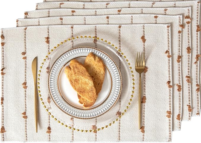 Boho Placemats Set of 4 for Dining Table Decor, Woven Cloth Place Mats for Farmhouse Rustic Kitche Home Decor, Cotton Placemats 13 x 19 Inch, Brown and Beige Table mats