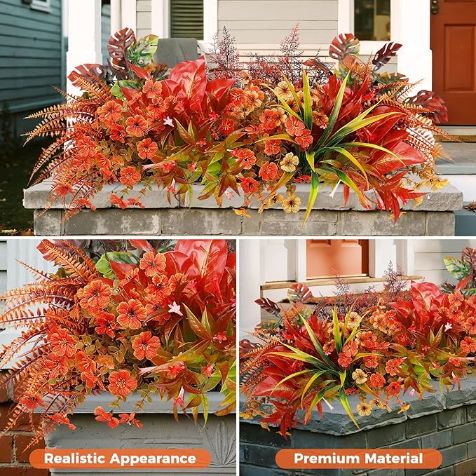 20 Bundles Artificial Fall Flowers for Outdoor Decoration, Fake Plants Faux Mums Flowers UV Resistant Daisy Boston Fern Fall Stems for Autumn Planters Window Box Garden Porch Indoor Home Decor