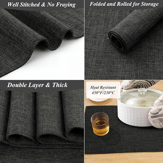 SHACOS Washable Woven Fabric Placemats Set of 6 Heat Resistant Place Mats Non Slip Thick Cloth Placemats Reversible Table Mats Indoor Outdoor Home Wedding Table Decor, Black