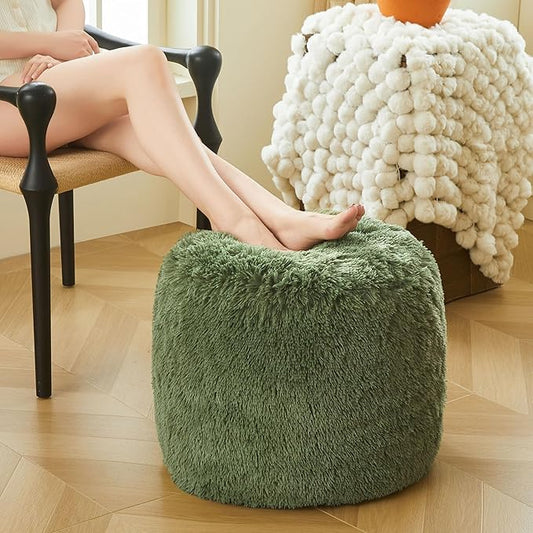 XeGe Fluffy Faux Fur Inflatable Pouf Ottoman, Cozy Portable Shaggy Fuzzy Foot Stool Moss, Plush Furry Foot Rest Floor Pouf, Round Ottoman Cushion for Living Room Bedroom Home Decor, Sage Green