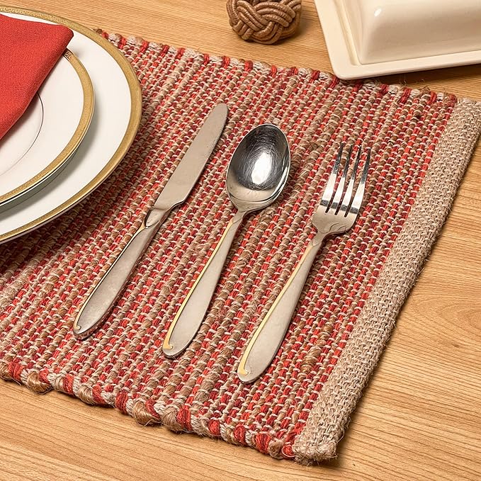 Chardin home Natural Jute - Ombre Rust Orange Placemats, Set of 4 13x19 Inch Table Mats, Rustic Handmade Boho Placemat, Perfect for Holidays, Dinner Parties and Also Everyday Meals