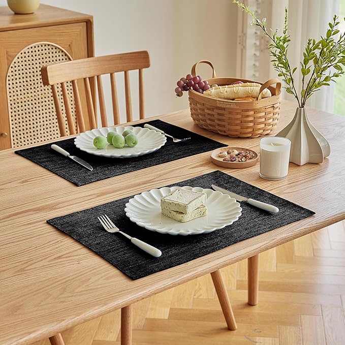 Softalker Faux Linen Placemats Set of 8-12 x 18 Inch, Heat Resistant Double Layered Durable Burlap Farmhouse Place Mats, Non-Slip Washable Rustic Table Mats for Dining, Kitchen, Party（Black