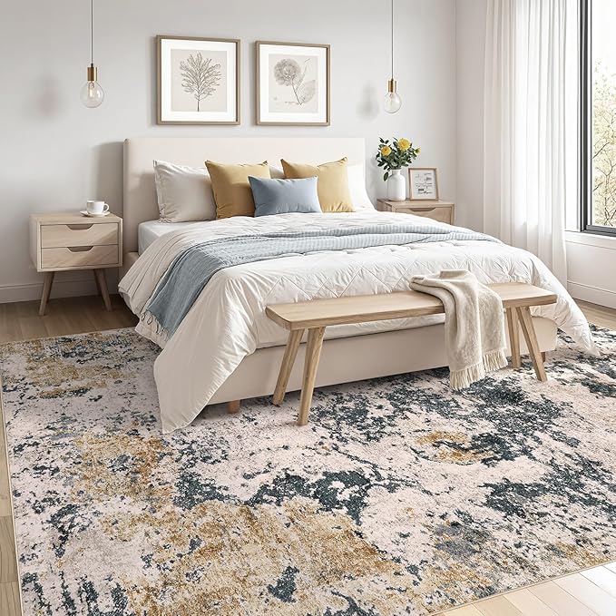 Area Rugs for Living Room: 10x12 Abstract Washable Rug Large Soft Stain Resistant Non-Slip Backing for Bedroom Dining Room Indoor Home Office Carpet for Kids Pet Friendly Families - Grey Gold