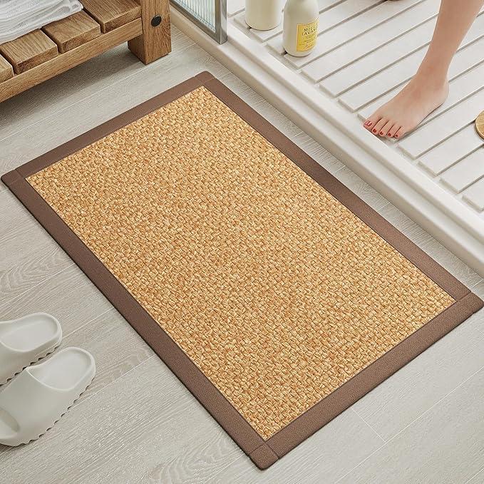 Quick Dry Absorbent Bathroom Rugs Mat Non Slip Bath Mat Ultra Thin Bath Mats for Bathroom Bathroom Mat Floor Rubber Backed Fit Under Door Woven Washable Bath Rugs Brown 16x24