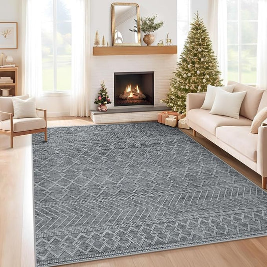 6x9 Area Rug Living Room: Washable Boho Geometric Moroccan Rug Neutral Modern Farmhouse Indoor Soft Non Slip Ultra Thin Printed Pattern Carpet for Dining Room Bedroom Nursery Home (Black, 6'x9')
