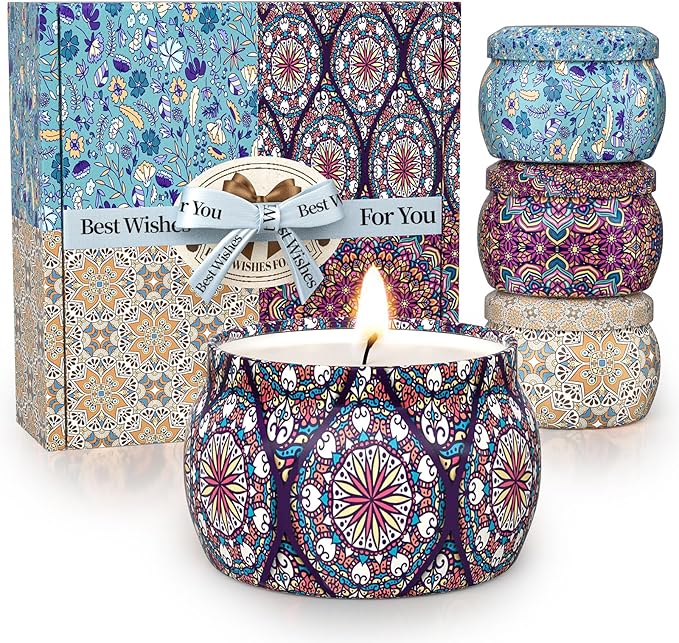 Scented Candle Present Set, 4 Pack 4.4 Oz Scented Candles, 120H Lasting Burn Candles for Home Scented, Soy Wax, Presents for Women, Ideal Presents for Birthday