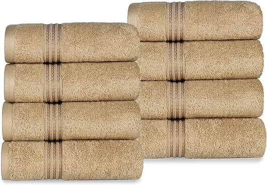 Superior Egyptian Cotton 8-Piece Hand Towel Set, Towel Basics For Quick Dry, Absorbent Small Towels, Facial, Spa, Kitchen, Bathroom Essentials, Apartment, Guest Bath, Soft, Washcloth, Toast