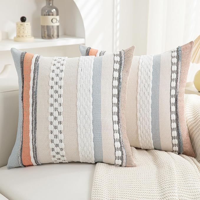 Boho Pillow Covers 18x18 Set of 2 for Couch-Modern Farmhouse Sofa Decorative Throw Pillow Covers Textured Chenille Cushion Covers Outdoor Netural Bohemian Pillow Cases Square