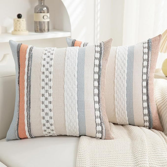Boho Pillow Covers 18x18 Set of 2 for Couch-Modern Farmhouse Sofa Decorative Throw Pillow Covers Textured Chenille Cushion Covers Outdoor Netural Bohemian Pillow Cases Square
