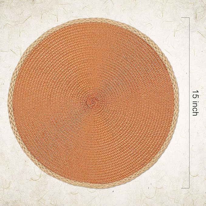 Noctiflorous Round Braided Placemats Set of 6 Table Mats 15 Inches Washable Heat Resistant for Dining Table Non-Slip Indoor Outdoor Place Mats for Thanksgiving Christmas Easter(Orange Thin Edge 6)