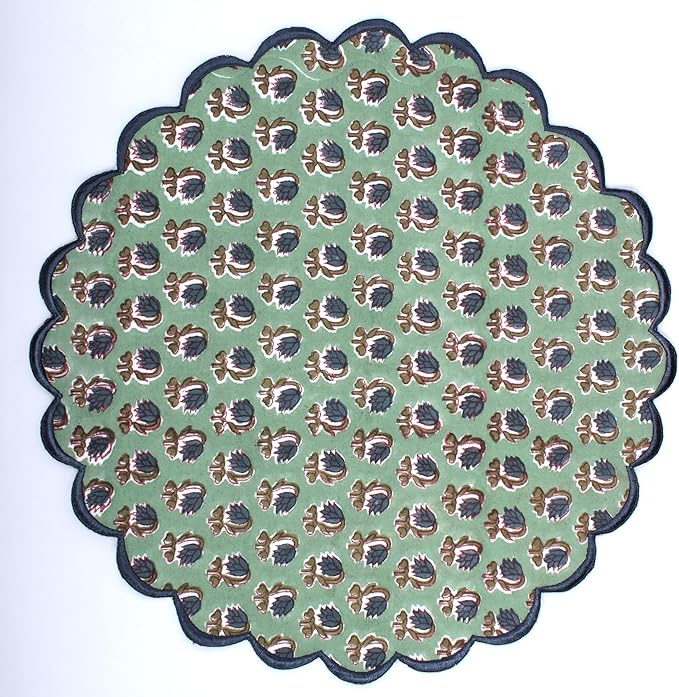 Ridhi Bo-ho Round Place Mat Double Layer Floral Cotton Washable Placemats 15" Round Embroidery Block Print Table Mat (Pack of 4-15 Inch Round, Basil Green)