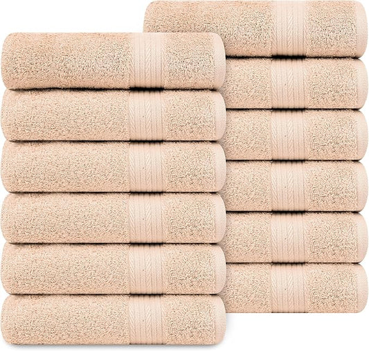 Ample Decor Hand Towel 18 X 28 Inch Pack of 12 600 GSM 100% Cotton, Soft Absorbent Thick Durable Premium Quality, for Hotel, Bathroom, Spa, Daily Use, Gym - Machine Washable - Beige
