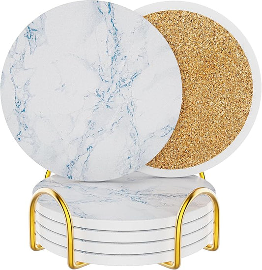 Coasters for Drinks Set of 4, Absorbent Ivory Marble Style with Metal Golden Holder, Ceramic Coaster Set Cup Mat for Home Decor, Bar, Kitchen, Party