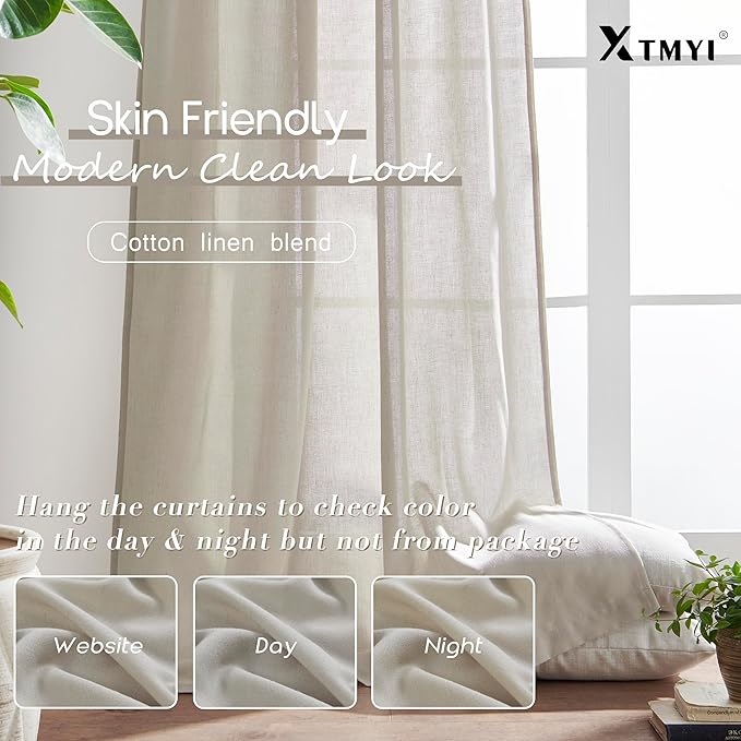 XTMYI Country Curtains for Living Room,Sheer Linen Shabby Chic Curtains for Bedroom 70 Inches Wide 84 Inches Long Oatmeal