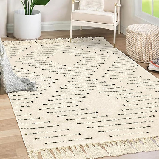 Tritard Boho Washable Area Rug 4x6 - Woven Cotton Entryway Bedroom Lightweight Throw Rugs with Tassels Farmhouse Aztec Low Pile Thin Carpet for Kitchen, Bathroom, Entrance, Living Room, Beige Cream