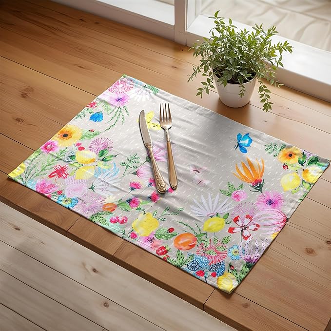 Maison d' Hermine Placemats Set of 4 100% Cotton Washable Cloth Place Mats, Reusable Table Mats for Kitchen Dining Decoration, Party, Wedding, Restaurant Spring/Summer (Jardin D'Ete - Fog, 13" x 19")