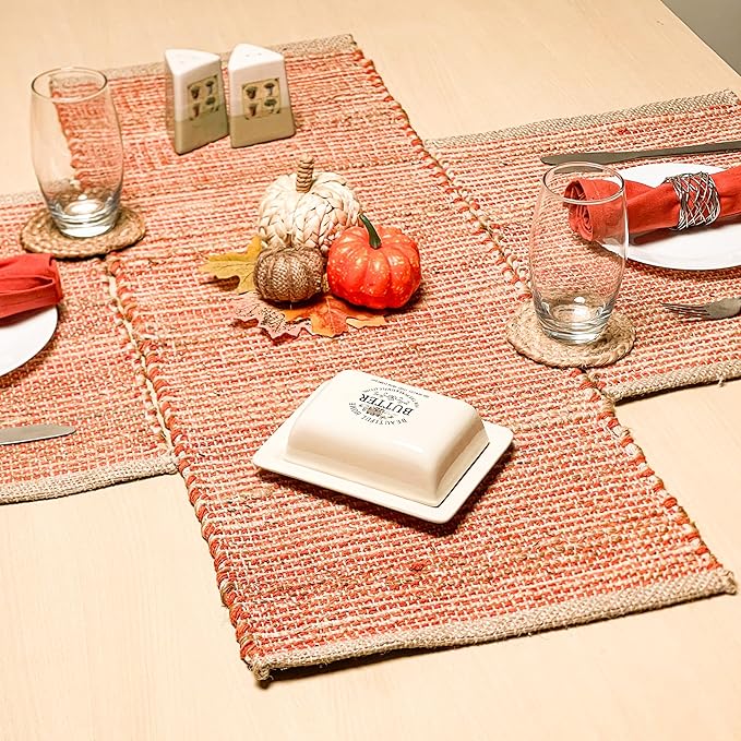 Chardin Home Natural Jute Table Runner 13x48 Inch – Vintage Boho Rustic Table Decor – Handwoven Jute Table Runner in Natural and Rust Orange – Farmhouse Dining or Console Table Accent