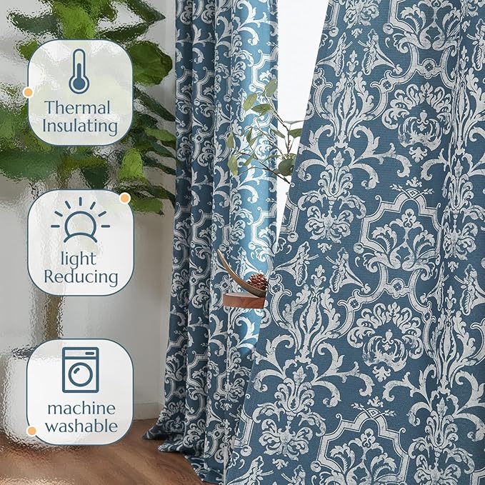 jinchan Room Darkening Curtains for Bedroom Blue Damask Patterned Curtains 96 Inch Length for Living Room Linen Textured Vintage Drapes Medallion Window Treatments Grommet Top 2 Panels Set