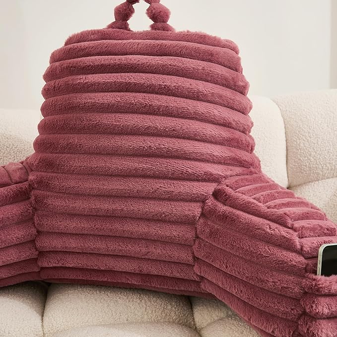 WERDIM Reading Pillow for Sitting in Bed, Faux Fur Back Pillow for Bed Rest, Bed Chair Pillow with Arms and Pockets(Large, Dusty Rose)