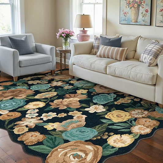 Washable Floral Area Rug 4x6 Black Office Carpet Scalloped Flower Non Slip Soft Living Room Rug Farmhouse Low Pile Thin Indoor Floor Cover for Bathroom Bedroom Kitchen Laundry Dining Room