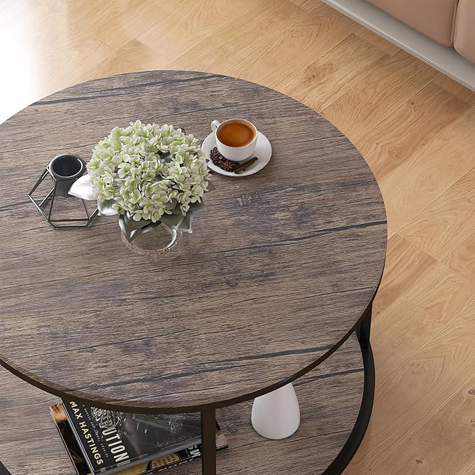 NSdirect Round Coffee Table, 25.6" Small Wood Coffee Table for Living Room, Rustic Modern Farmhouse Style, 2-Tier Storage Shelf Compact Space-Saving Design for Small Spaces, Walnut