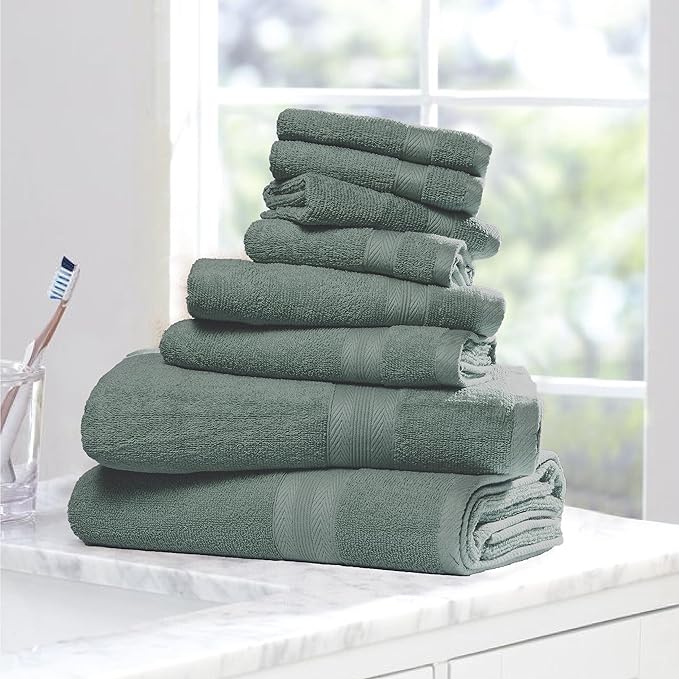 BOUTIQUO 8 Piece Towel Set 100% Ring Spun Cotton, 2 Bath Towels 27X54, 2 Hand Towels 16X28 and 4 Washcloths 13X13 - Ultra Soft Highly Absorbent Machine Washable Hotel Spa Quality - Jade