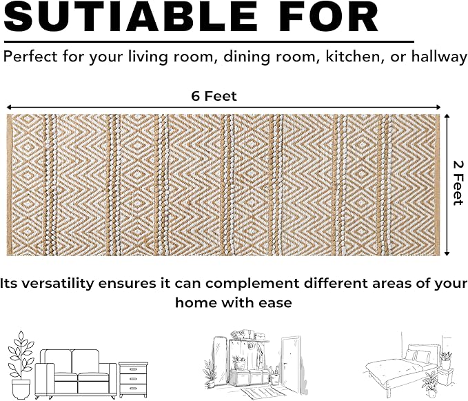 Bedding Craft Jute Cotton Stripe Area Rug Runner for Living Room 24x72 Inch - Natural Ivory - Machine Washable 2x6 Feet Rugs - 70% Jute and 30% Cotton