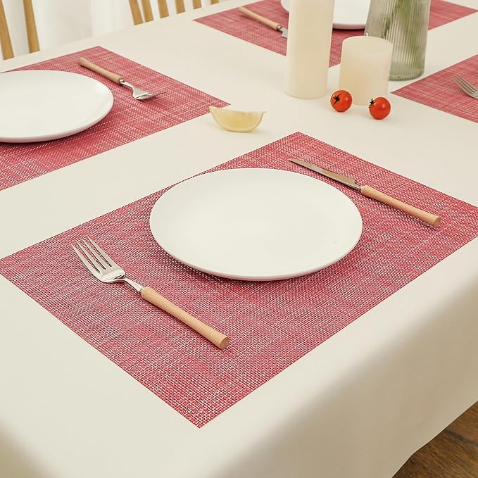 Leetaltree Red Placemats Set of 6 - Heat Resistant Non-Slip Place mats for Dining Table, Washable Durable PVC Vinyl Woven Table Mats（Red, 6）
