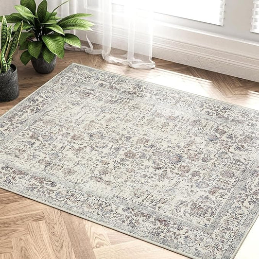 Taupe Entryway Area Rug 2x3 Door Mat Machine Washable Kitchen Vintage Distressed Non Slip Carpet Indoor Retro Floral Accent Throw Small Rug for Bathroom Office Bedroom Dining Living Room