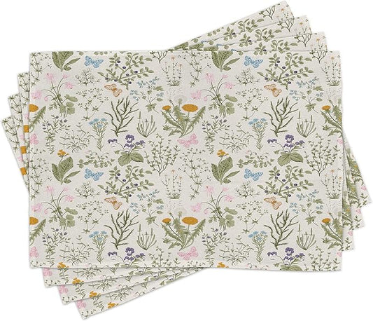 Ambesonne Floral Place Mats Set of 8, Vintage Garden Plants Herbs Flowers Botanical Classic Design Art, Washable Fabric Placemats for Dining Table, Placemat 8 pcs, Reseda Green Beige