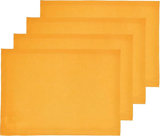 Solino Home Linen Cloth Placemats Set of 4-100% Pure Linen Tangerine Yellow Placemats 14 x 19 Inch for Summer - Fete