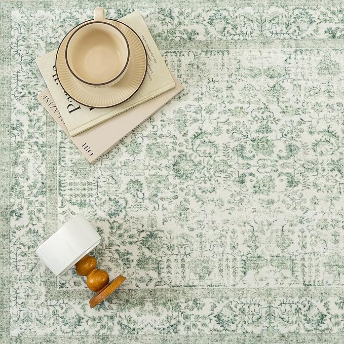 Green Area Rug 3x5 Office Entryway Rug Machine Washable Kitchen Vintage Distressed Non Slip Carpet Indoor Retro Floral Accent Throw Door Mat for Bathroom Bedroom Dining Living Room