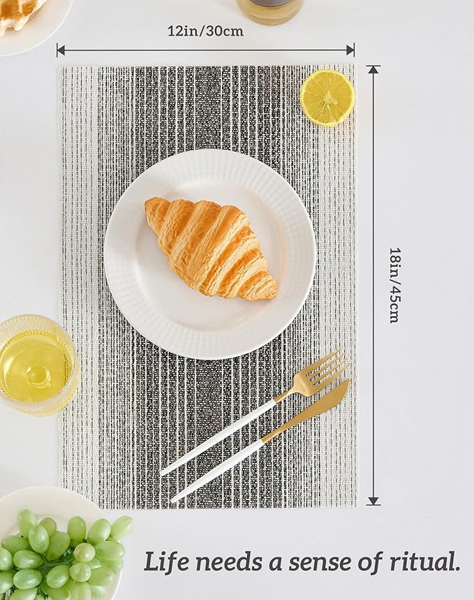 Leetaltree Black with White Woven Placemats Set of 8 - Heat Resistant Non-Slip Place mats for Dining Table, Washable Durable PVC Vinyl Woven Table Mats(Black with White, 8)