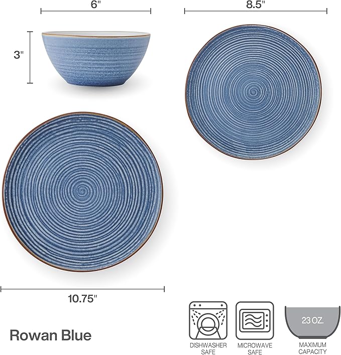 Pfaltzgraff Rowan Blue 12 Piece Plate Bowl Dinnerware Set, Service for 4