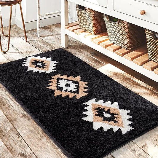 DEXDE Boho Bathroom Rugs 24x36, Black Aztec Bath Mat Non Slip Western Geometric Bath Rugs Luxury Soft Absorbent Carpet for Bathroom Shower Kitchen Entryway Farmhouse Modern