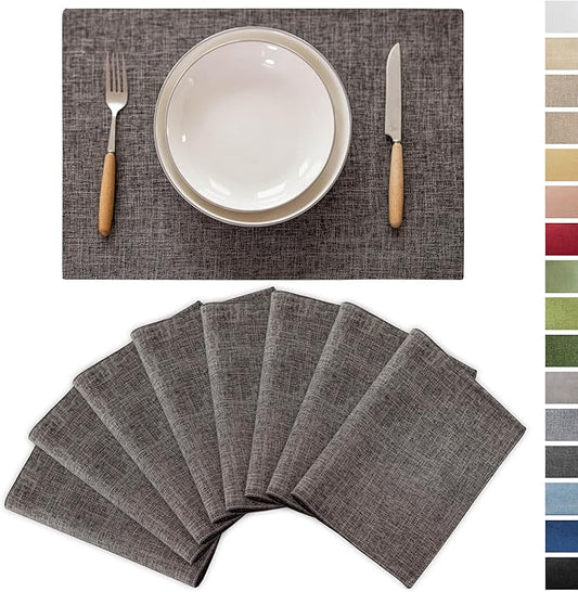 Demetex Grey Linen Placemats Set of 8 Stain Resistant Fabric Place Mats Classic Plate Mats for Kitchen Dining Table Decor, 13x19 inch, Dark Grey