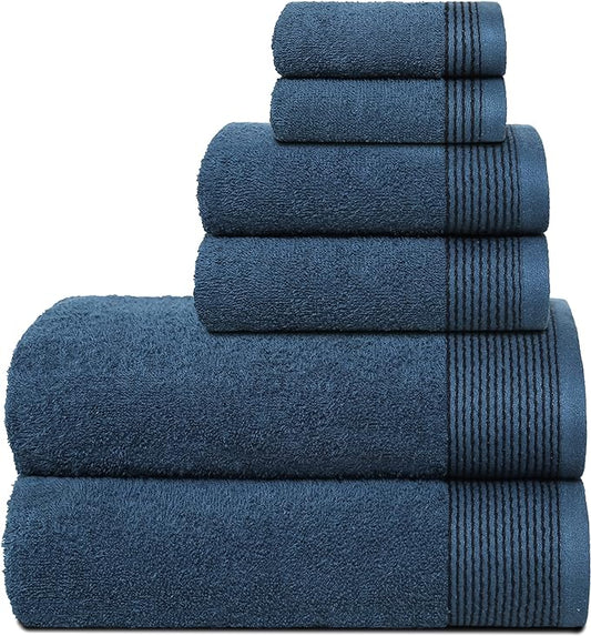 Belizzi Home 100% Cotton Ultra Soft 6 Pack Towel Set, Contains 2 Bath Towels 28x55 inchs, 2 Hand Towels 16x24 inchs & 2 Washcloths 12x12 inchs, Compact Lightweight & Highly Absorbant - Mineral Blue