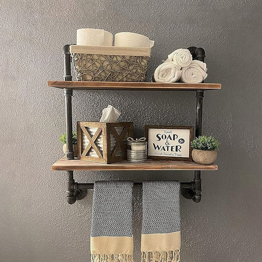 Industrial Pipe Shelving,Iron Pipe Shelves Bathroom Shelves with Towel bar,24in Rustic Metal Pipe Floating Pipe Wall Shelf,2 Tier Industrial Wall Mounted,Retro Brown